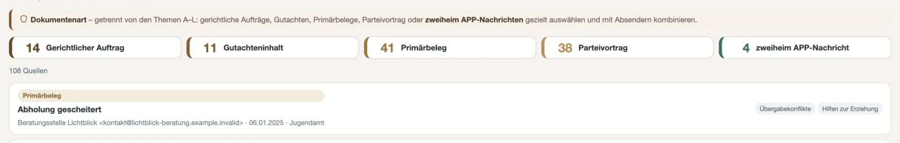 Kacheln der fünf Dokumentenarten einschließlich zweiheim APP-Nachricht