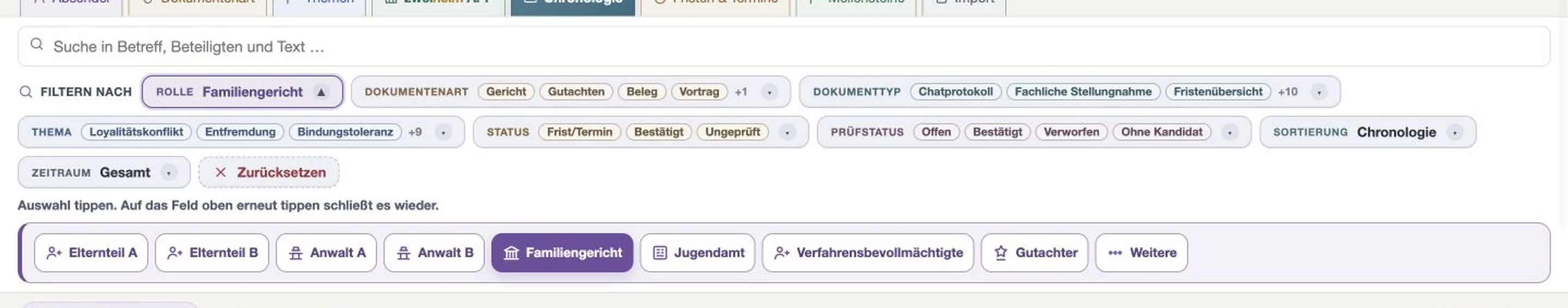 Geöffneter Absenderfilter mit aktivem Familiengericht