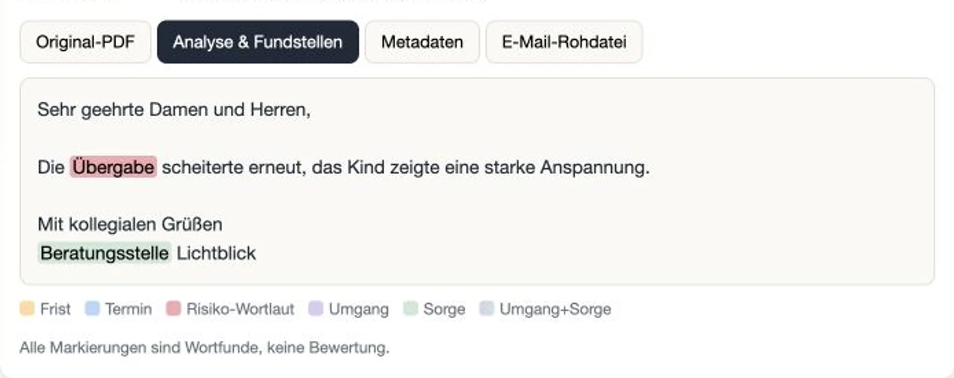 Analyseansicht mit farblich markierten Wortfunden und Legende