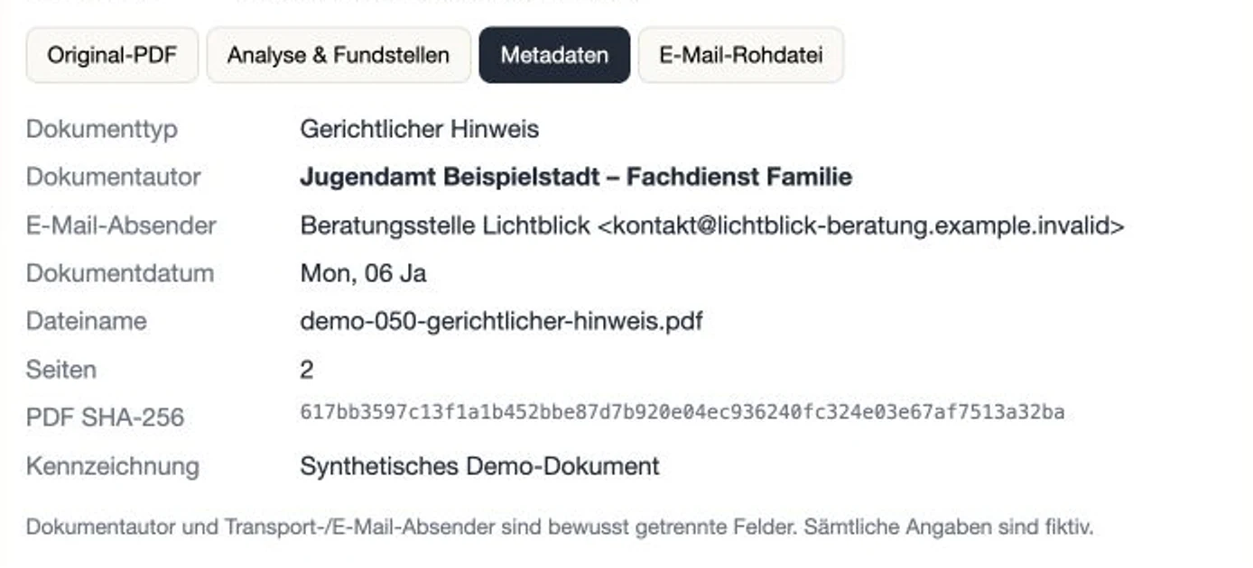 Metadatenansicht mit Dokumentautor, Datum, Dateiname und SHA-256