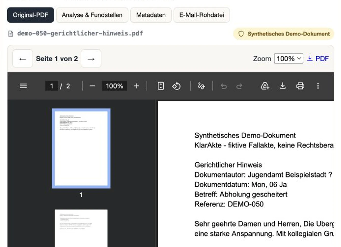 PDF-Schnellansicht eines synthetischen Demo-Dokuments